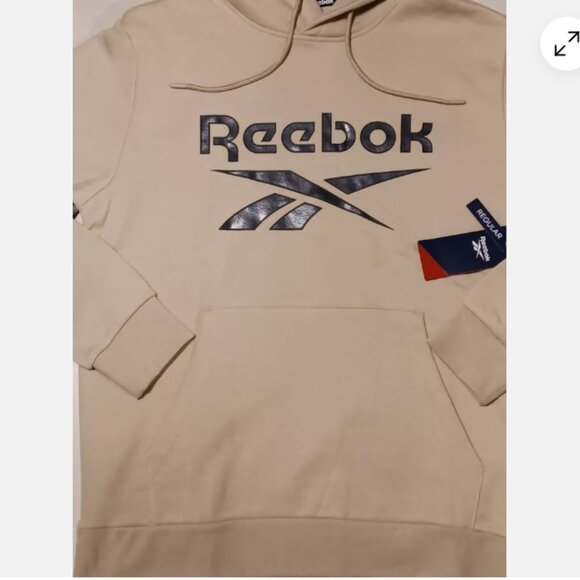 Reebok Hoodie Mens Size Large Beige Fleece Logo Long Sleeve Pullover Regular Fit - Picture 5 of 10